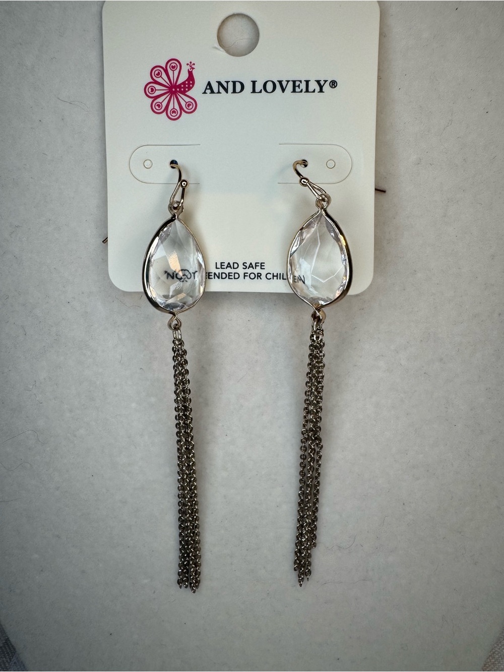 New And Lovely Clear Teardrop Crystal Drop Earrings with Gold Chain Tassels